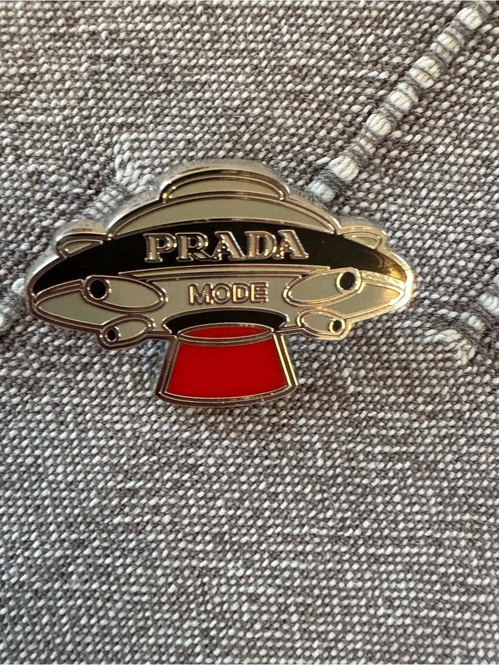 Prada Mode Silver Tone Enamel Logo & Flying Saucer UFO Pin